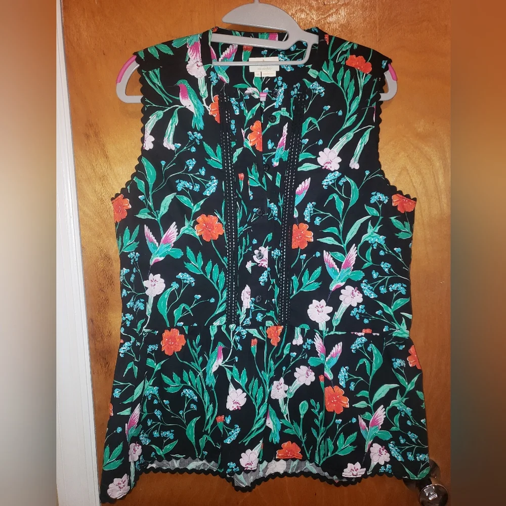 NWOT Kate Spade Jardin cotton poplin floral hummingbird peplum top